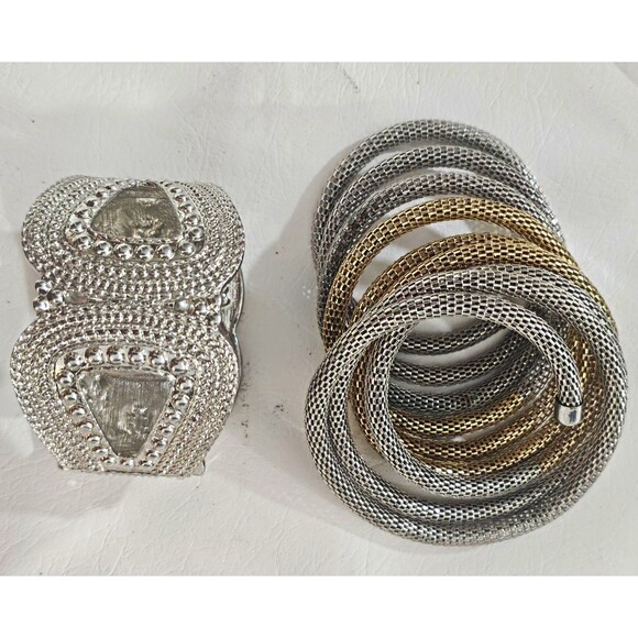 Unbranded Jewelry - Silver & Gold Tone Mesh Stackable Bangle Bracelets + Pavé Crystal Cuff Set